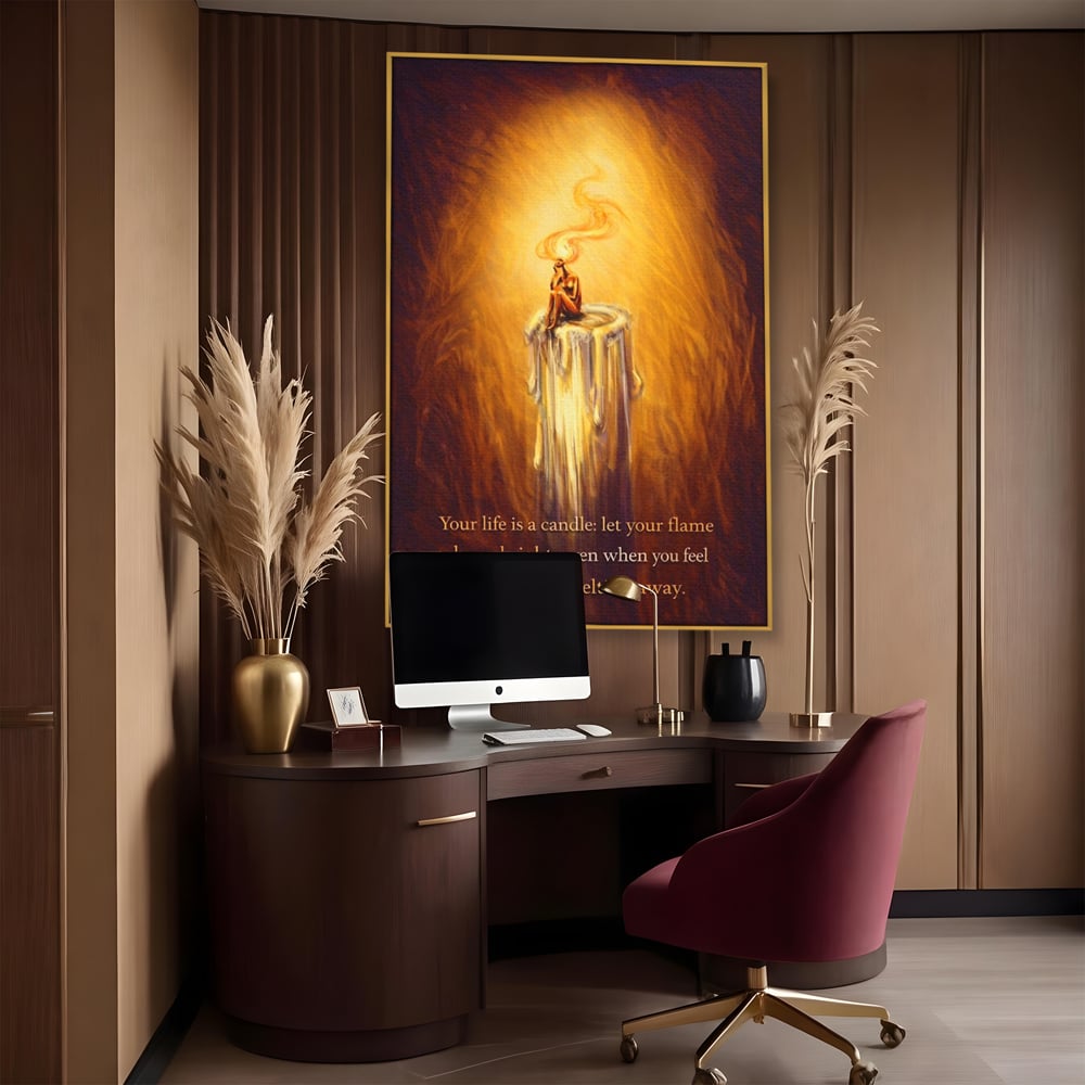 Tablou canvas cu tablou canvas cu lumanare si mesaj motivational, in rama de aluminiu auriu, pe perete intr-un birou